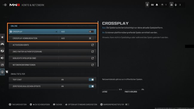Entscheidet in CoD MW 3 selbst, ob Crossplay aktiviert sein soll oder nicht. (Bildquelle: Screenshot GIGA)