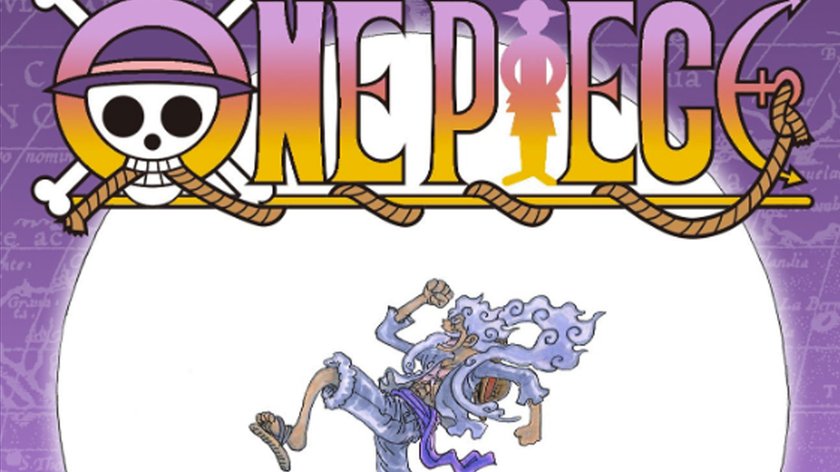 Gear 5 Ruffy unter dem Schriftzug von One Piece