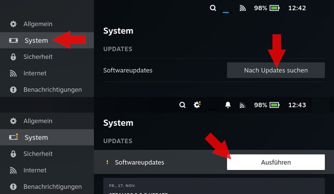 Steam Deck Update suchen und installieren