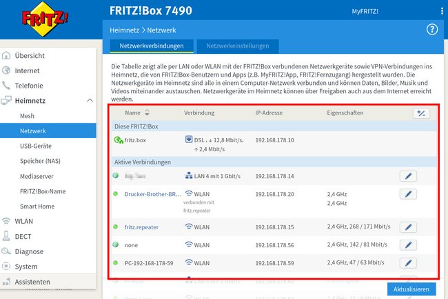 Hier zeigt der Fritzbox-Router die IP-Adressen der Netzwerkgeräte an. (Bildquelle: GIGA)