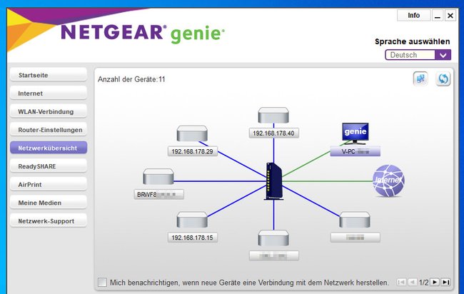 Das Tool „Netgear Genie“ zeigt die Netzwerkübersicht in Form eines Diagramms an. (Bildquelle: GIGA)