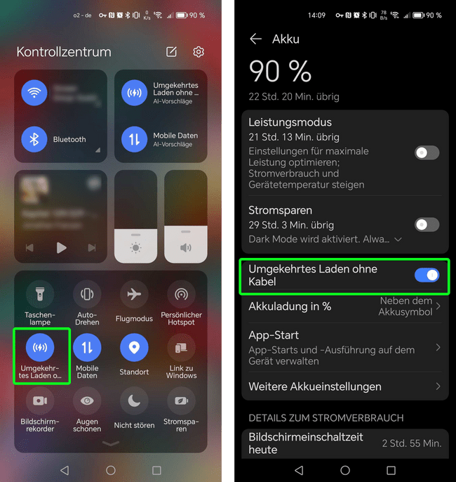 Zwei Screenshots, die zeigen, wie man Reverse Wireless Charging auf einem Android-Smartphone aktivieren kann.