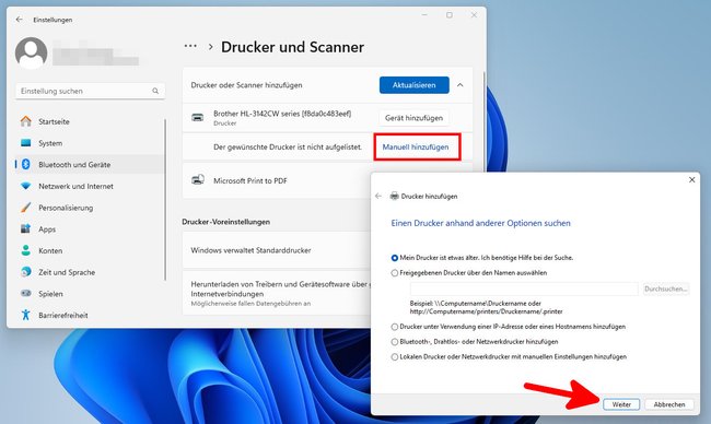 In Windows 11 sucht ihr hier nach neuen Druckern. (Bildquelle: GIGA)