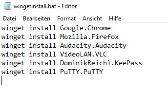 Inhalt einer Batch-Datei mit sechs Programmen, die zu installieren sind.