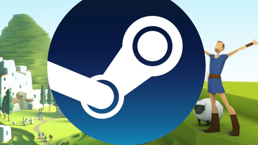 Das Bild zeigt einen Screenshot aus Godus und das Steam-Logo