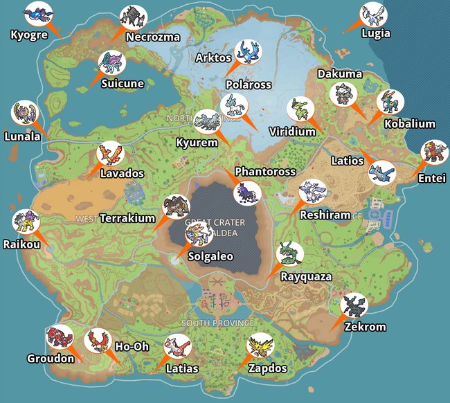 Die Karte zeigt euch die Fundorte der 25 Legendären Pokémon in Paldea. (Bildquelle: mapgenie.io / Bearbeitung: GIGA)