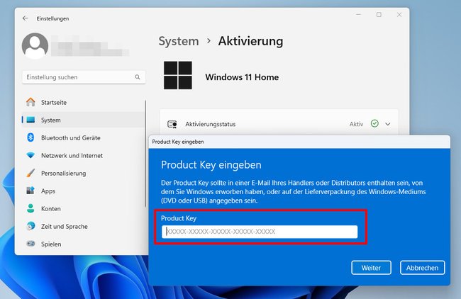 Hier gebt ihr den neuen Product-Key ein, um auf die Pro-Version zu wechseln. (Bildquelle: GIGA)