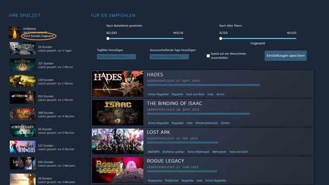 Gesamte Spielzeit im interaktiven Empfehlungsgeber auf Steam