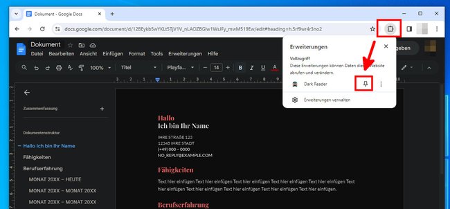 So pinnt ihr die Erweiterung direkt in der Browser-Leiste an, um den Dark-Mode schnell ein- oder auszuschalten. (Bildquelle: GIGA)