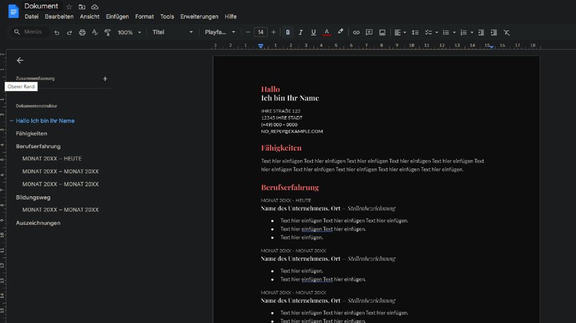 Google Docs mit aktiviertem Dark-Mode. (Bildquelle: GIGA)