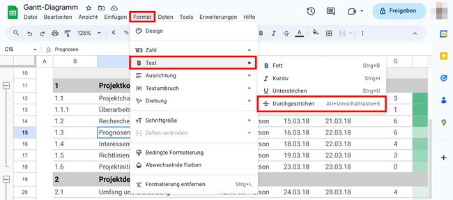 So streicht ihr Text in Google-Tabellen durch. (Bildquelle: GIGA)