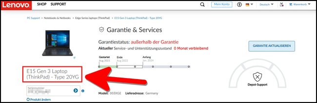 Hier zeigt uns Lenovo genau, welcher Laptop zur eingegebenen Seriennummer gehört. (Bildquelle: GIGA)