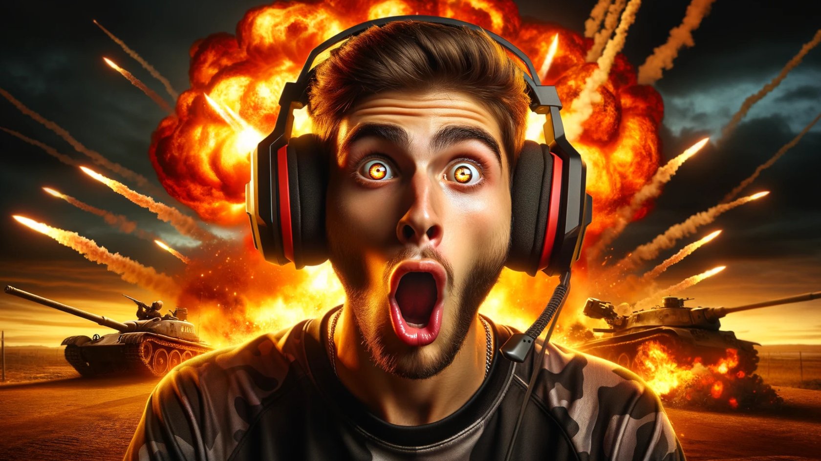 Gamer mit Explosionen im Hintergrund.