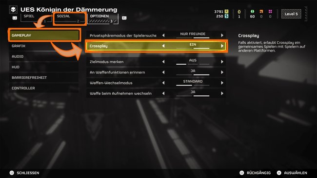 Dieses Menü müsst ihr aufrufen, um in Helldivers 2 Crossplay zu deaktivieren und die Privatsphäre anzupassen. (Bildquelle: Screenshot und Bearbeitung GIGA)