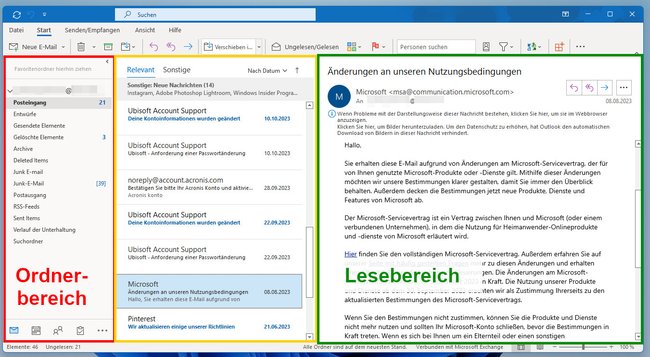 Die standardmäßige 3-Spalten-Ansicht von Outlook. (Bildquelle: GIGA)