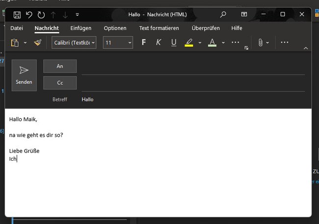 Der Dark-Mode ist in Outlook aktiviert, aber der Hintergrund der E-Mail ist weiterhin weiß. (Bildquelle: GIGA)