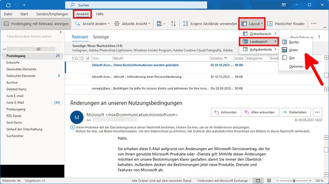 Outlook: Hier haben wir den Lesebereich nach unten verschoben. (Bildquelle: GIGA)