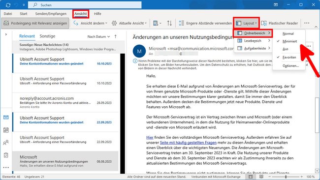 Outlook: Hier haben wir den Ordnerbereich links zu einer schmalen Seitenleiste minimiert. (BIldquelle: GIGA)