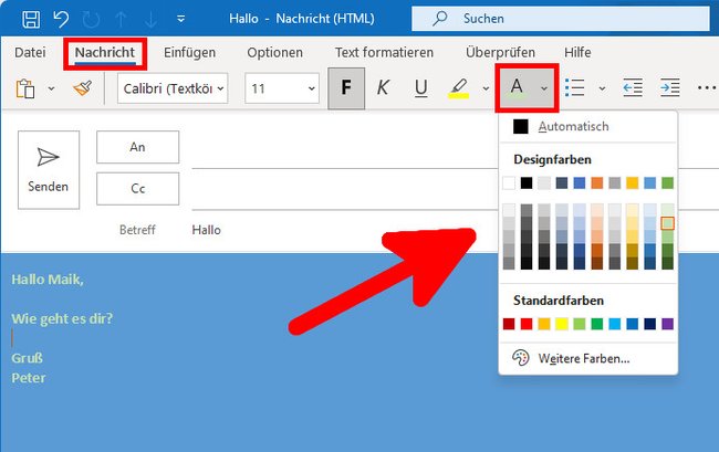 Outlook: Hier ändert ihr die Farbe eures Textes. (Bildquelle: GIGA)