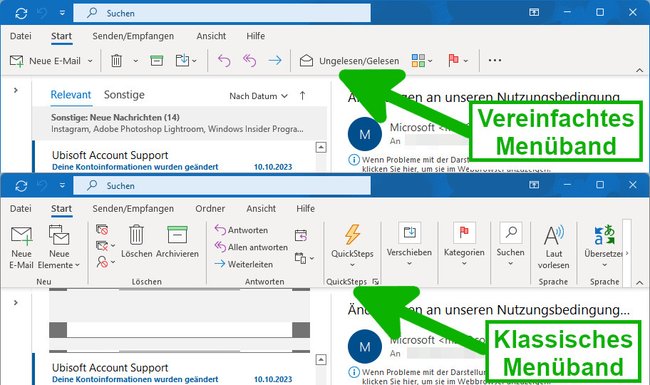 In Outlook lässt sich das Menüband umschalten. (Bildquelle: GIGA)