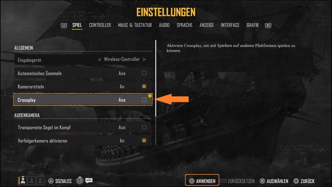 An dieser Stelle im Menü könnt ihr das Crossplay deaktivieren. Bestätigt eure Auswahl mit "Anwenden". (Bildquelle: Screenshot und Bearbeitung GIGA)