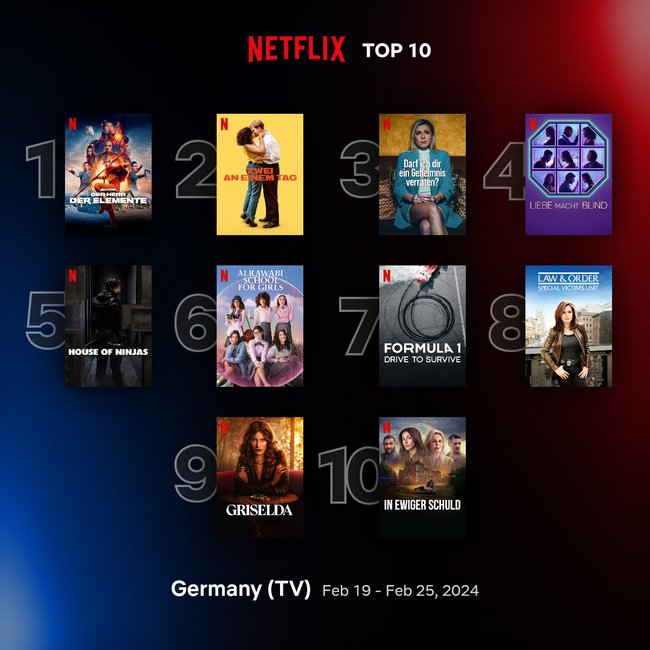 Das Bild zeigt die Top 10 Liste, die von Netflix bereitgestellt wird.