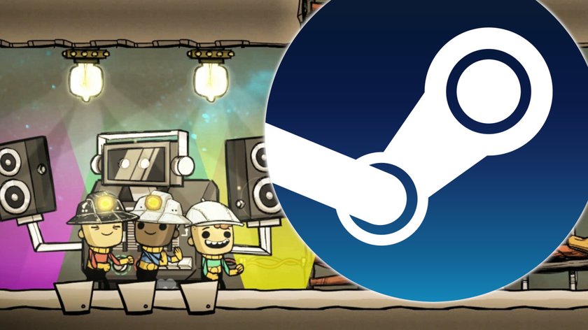 Das Bild zeigt einen Screenshot aus Oxygen Not Included und das Steam-Logo