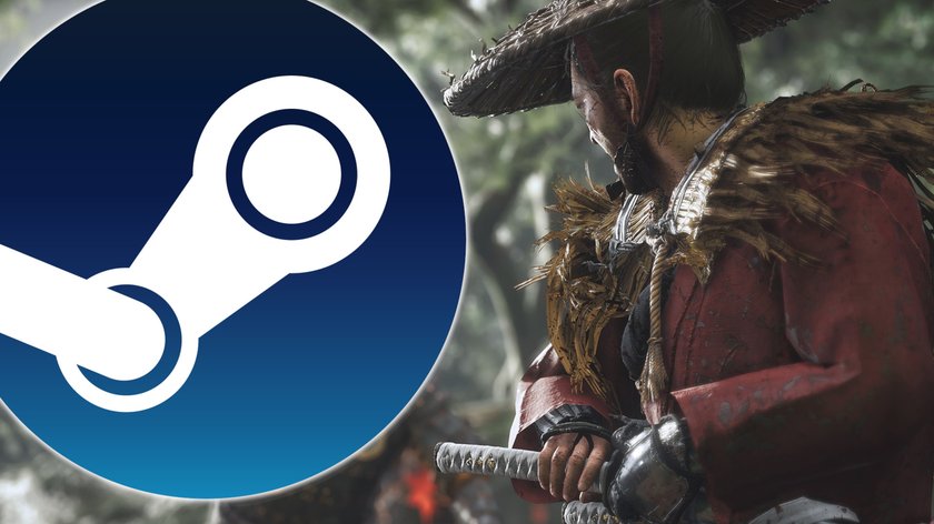 Das Bild zeigt einen Screenshot aus Ghost of Tsushima und das Steam-Logo