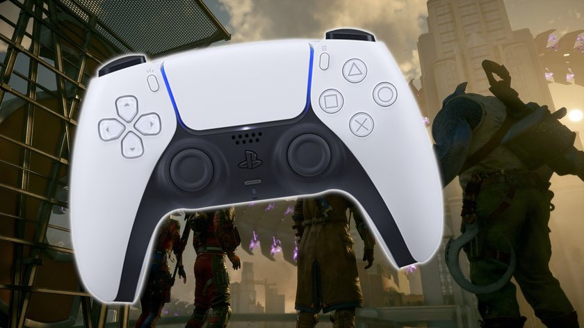 Das Bild zeigt einen Screenshot aus Suicide Squad: Kill the Justice League und einen PS5-Controller