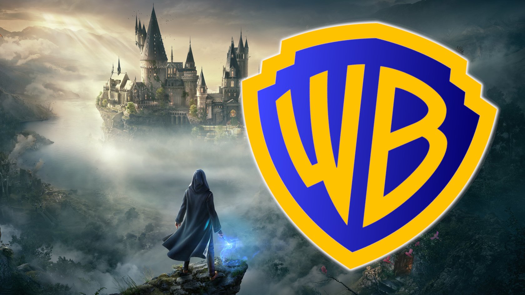Das Bild zeigt ein Artwork für Hogwarts Legacy und das Warner Bros. Logo