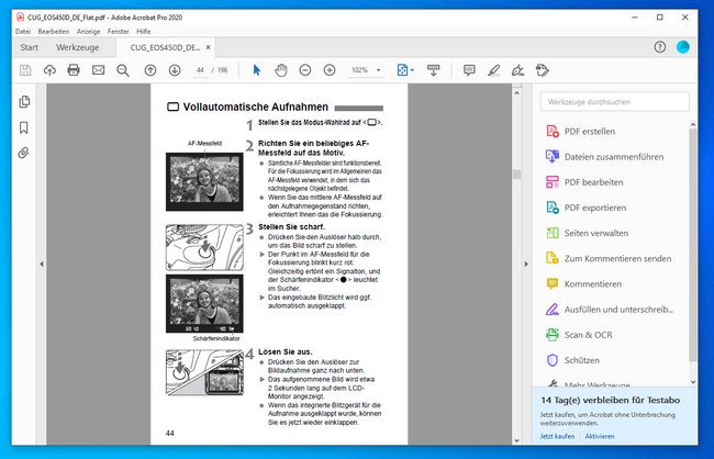 Adobe Acrobat Pro 2020: Rechts wählt man Funktionen aus. Rechts unten werden die verbleibenden Tage für die Testversion angezeigt. (Bildquelle: GIGA