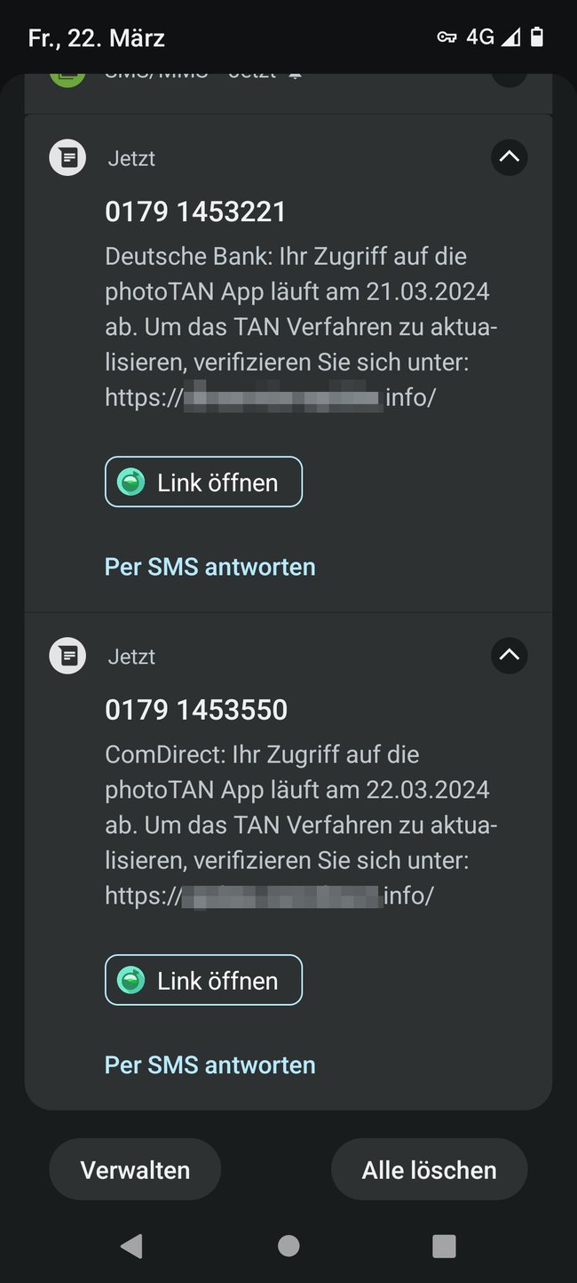 Gleich zwei SMS von Banken, die wir gar nicht nutzen. Hier stimmt etwas nicht. (Bildquelle: GIGA)