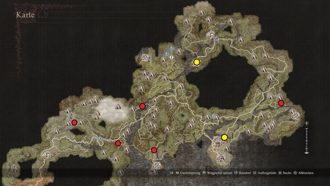 Drachen-Fundorte in Vermund. Die gelben Fundorte in Melve und Vernworth sind einmalig im Spielverlauf (Quelle: Capcom/GIGA).
