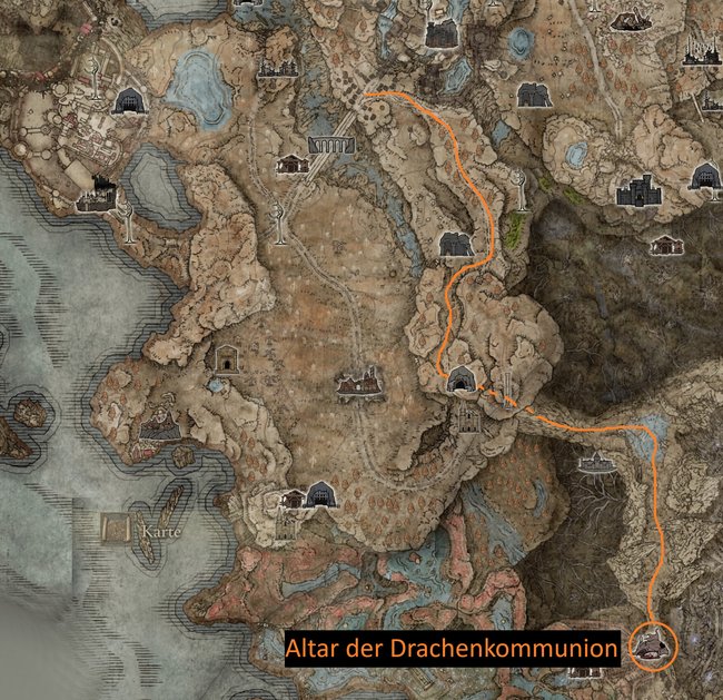 Weg von Schloss Ensis bis zum großen Altar der Drachenkommunion (Bildquelle: Screenshot und Bearbeitung GIGA).