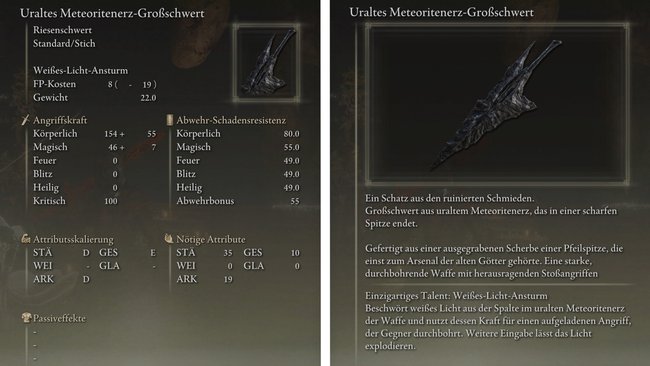 Eigenschaften und Werte vom uralten Meteoritenerz-Großschwert (Bildquelle: Screenshot GIGA).