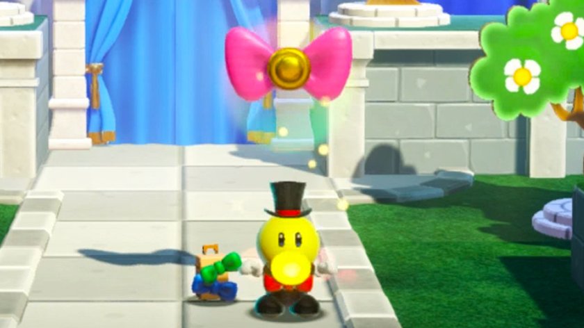 Helft dem Schleifenmeister und erhaltet eine Schleife als Belohnung in Princess Peach: Showtime. (Bildquelle: Screenshot GIGA)