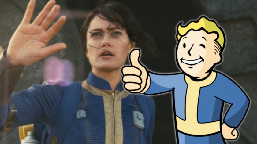 Das Bild zeigt eine Szene aus Fallout-Serie auf Amazon Prime und einen Vault Boy, der einen Daumen hoch gibt.