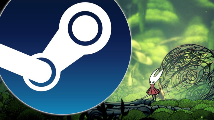 Das Bild zeigt einen Screenshot aus Hollow Knight: Silksong und das Steam-Logo