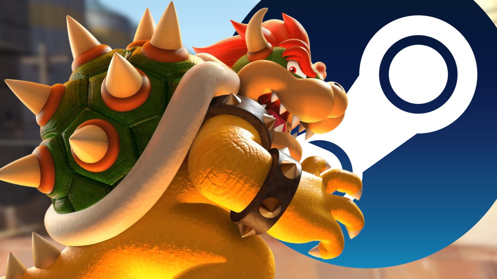 Das Bild zeigt Nintendo-Bösewicht Bowser und das Steam-Logo vor einem Screenshot aus Garry’s Mod.