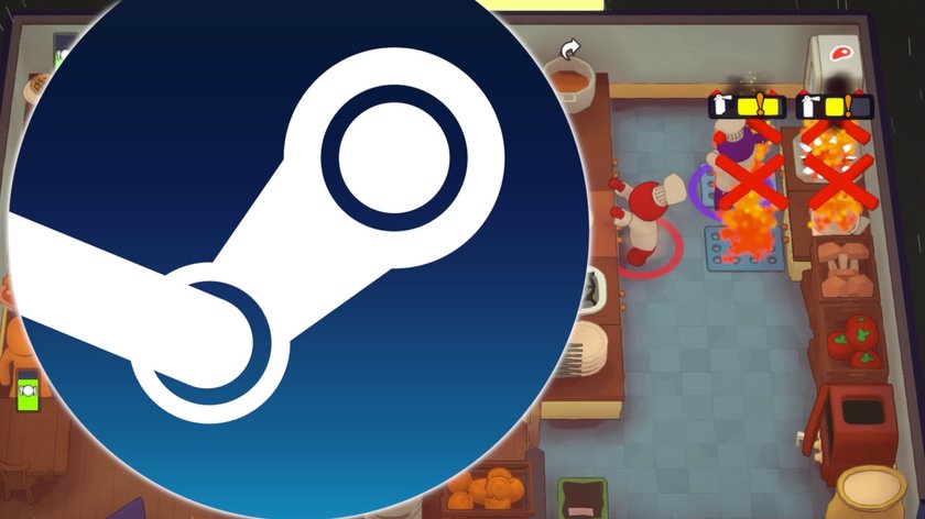 Das Bild zeigt einen Screenshot aus PlateUp! und das Steam-Logo