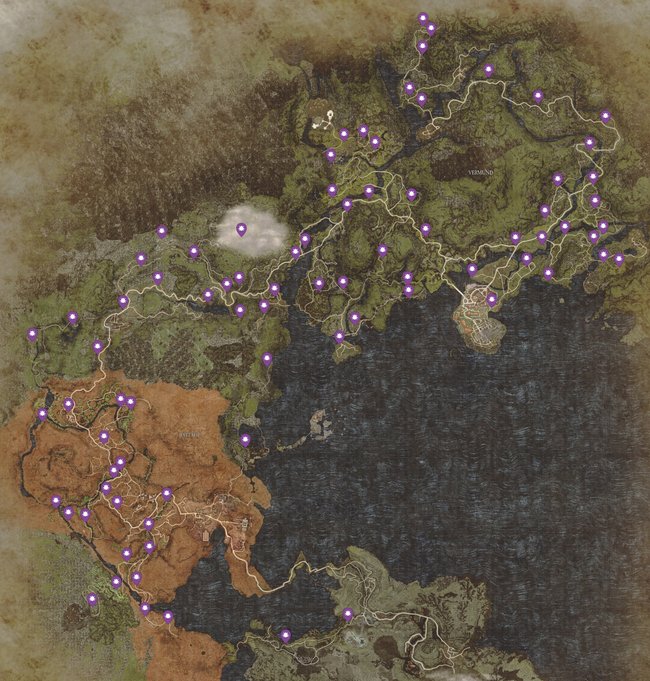 Fundorte aller Goldkäfer in Dragon's Dogma 2 (Bildquelle: mapgenie.io).