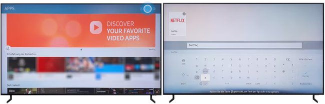 Oben rechts das Lupen-Symbol auswählen (linkes Bild) und dann nach der gewünschten App suchen (rechtes Bild). (Bildquelle: samsung.com)