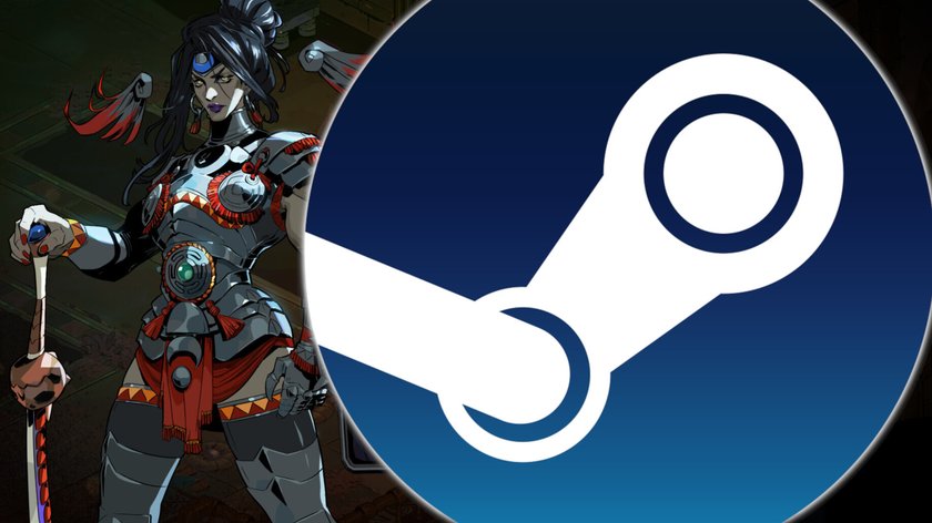 Das Bild zeigt einen Screenshot aus Hades 2 und das Steam-Logo im Vordergrund