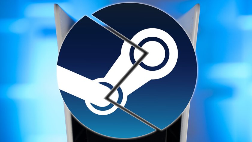 Das Bild zeigt eine PS5 und ein zerbrochenes Steam-Logo im Vordergrund