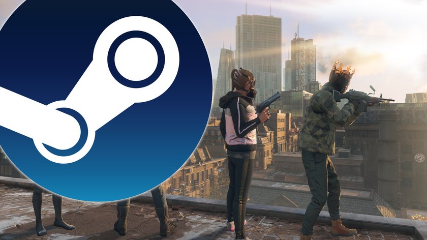 Das Bild zeigt einen ScreenShot aus Watch Dogs 3 und das Steam-Logo im Vordergrund.