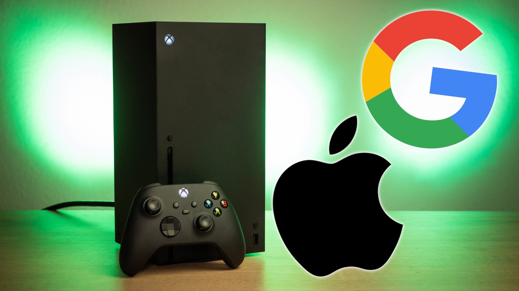 Das Bild zeigt eine Xbox Series X und das Google- sowie das Apple-Logo