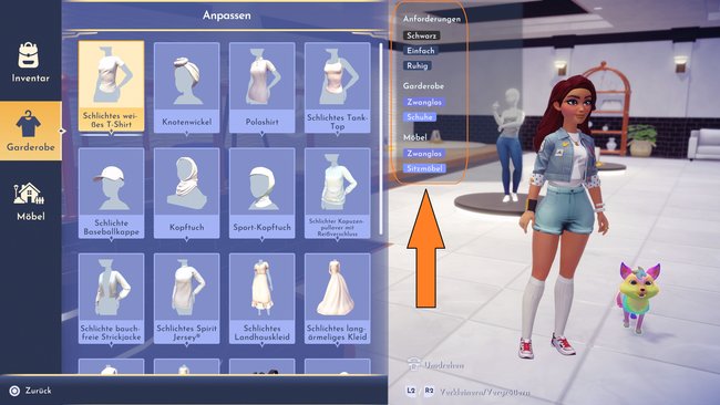 Im Garderobe- und Möbelmenü seht ihr die genauen Anforderungen für Daisys Herausforderung (Bildquelle: Screenshot und Bearbeitung GIGA).