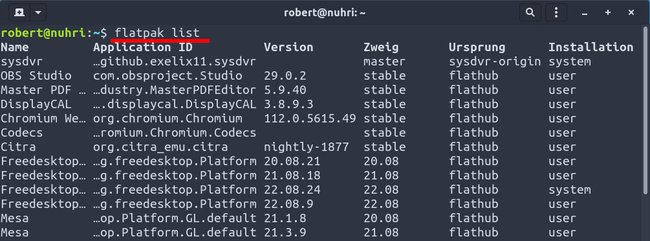 Der Befehl zeigt alle installierten Programme an, die mit dem Flatpak-Paketierungsformat installiert wurden. (Bildquelle: GIGA)