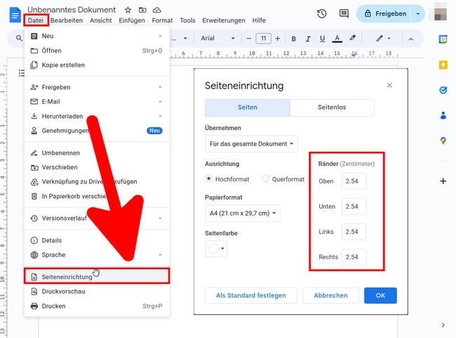 So ändert ihr die Seitenränder in Google-Docs. (Bildquelle: GIGA)