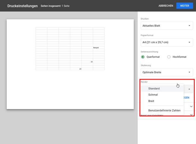 Hier stellt ihr den Seitenrand ein, wenn ihr Google-Tabellen druckt. (Bildquelle: GIGA)
